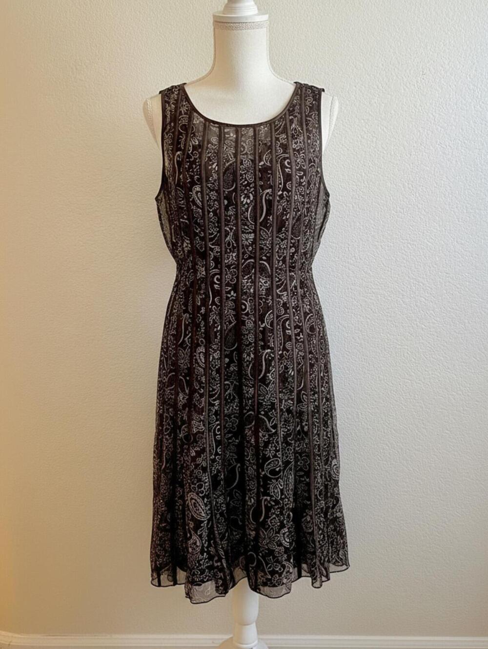 Sandra Darren Sleeveless Sheer Black Paisley Midi Dress